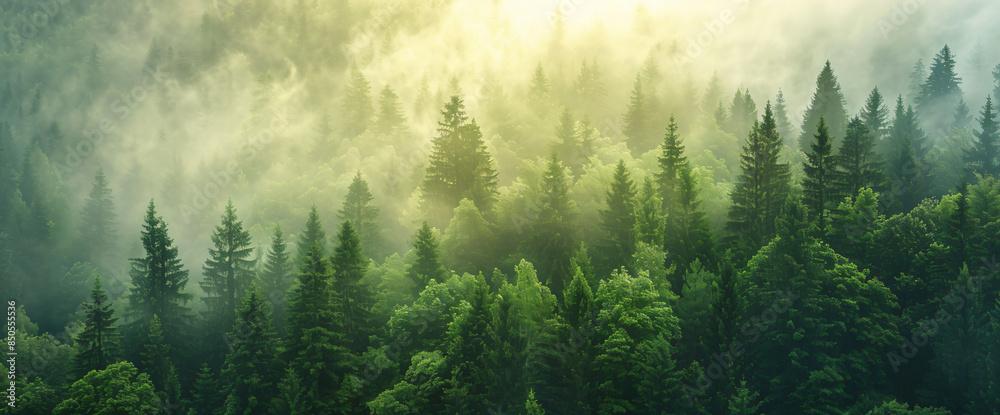 Misty forest landscape with pine trees and fog in the air, panoramic ...