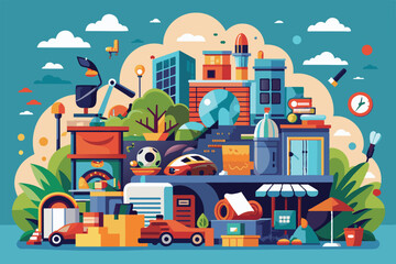 Sticker - A vibrant illustration depicting a city with disproportionate buildings and various objects stacked on top of each other, Clutter Customizable Disproportionate Illustration