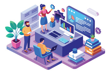 Poster - An isometric illustration depicting a team of three developers reviewing code in a modern office setting, Code review Customizable Isometric Illustration