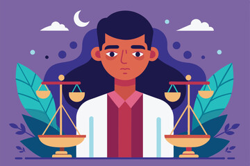 Poster - A digital illustration of a Libra zodiac sign featuring a person with a balance scale, Collecting Customizable Disproportionate Illustration