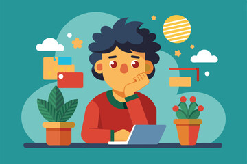Aufkleber - A cartoon man sits at a desk, staring into the distance while working on his laptop, Contemplating Customizable Cartoon Illustration