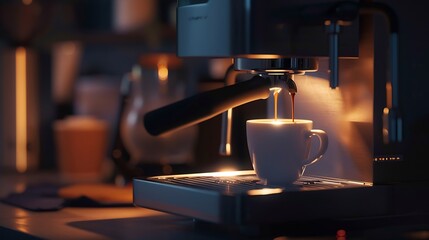 Poster - Coffee machine filling a cup with Making coffee by coffee machine into cup espresso coffee coming out from an automated coffemaker machine Beverage drink for breakfast : Generative AI