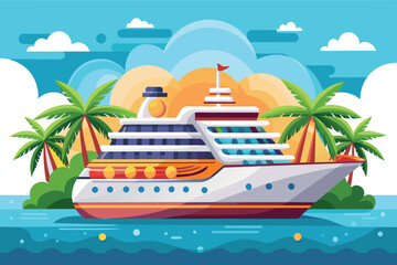 Canvas Print - A cartoon cruise ship sailing through blue water with palm trees and a sunset in the background, Cruise Customizable Cartoon Illustration