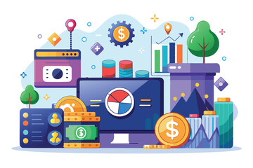 Canvas Print - Illustration of tools for managing cryptocurrency portfolio: computer, charts, pie chart, coins, and a graph, Crypto portfolio Customizable Semi Flat Illustration