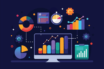 Canvas Print - An illustration depicting various charts and graphs on a desktop computer, Dark analytics Customizable Disproportionate Illustration