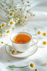 Aufkleber - A delicate cup of tea surrounded by fresh daisies, perfect for a peaceful moment