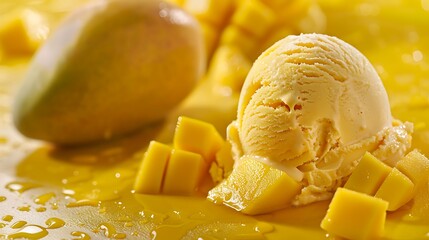 Wall Mural - Scoop of mango ice cream isolated on mango background