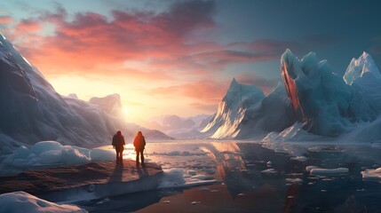 Hikers overlooking an arctic iceberg and glacier panorama with mountains in the background at sunset.
