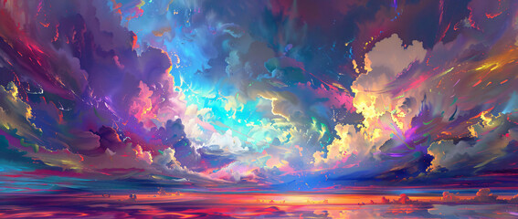 Sticker - A surreal digital painting of an endless sky filled with vibrant, swirling clouds in various colors, creating a dreamlike and fantastical atmosphere.