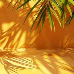 Wall Mural - Shadows of palm leaves on a vibrant orange background creating a tropical summer vibe.