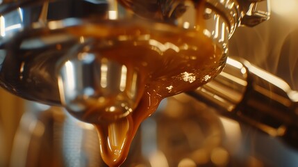 Poster - Closeup of espresso pouring from coffee machine Professional coffee brewing : Generative AI
