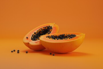 Aufkleber - Fresh papaya cut in half with visible seeds on a vibrant orange background, suitable for healthy food, wellness, and tropical theme illustrations