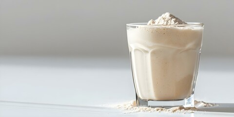 Wall Mural - Protein powder in glass on white background for fitness goals photography. Concept Fitness Photography, Healthy Lifestyle, White Background, Protein Powder, Glassware