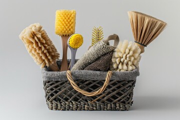 Poster - A variety of brushes and painting tools in a wicker basket, suitable for use in art classes, studios or home projects