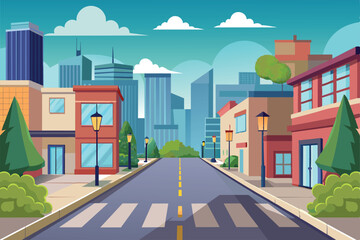 Poster - A flat illustration of a city street with buildings and streetlights, Empty street Customizable Flat Illustration