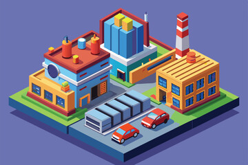 Canvas Print - An isometric illustration of a factory complex with multiple buildings, cars, and surrounding green spaces, Factory Customizable Isometric Illustration