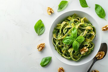 Wall Mural - Pasta with spinach pesto and toasted walnuts offered over an elongated platter in an Italian manner over a white setting, depicting simple, home-cooked cuisine and space, Generative AI.