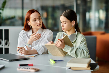 Wall Mural - A redheaded woman tutors a teenage girl at a table, engaged in after-school lessons.