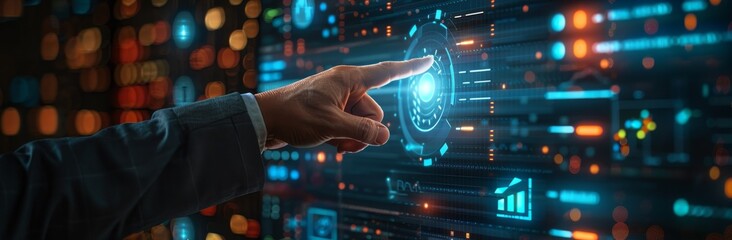 Poster - Businessman touching virtual screen with data and graphs on transparent background