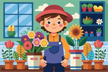 Sticker - A cartoon illustration of a happy florist surrounded by flowers in a shop, Florist Customizable Cartoon Illustration