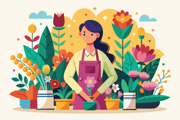 Poster - a woman in a pink apron plants a flower among a variety of blooms in a whimsical garden, florist cus