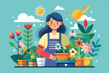 Poster - flat illustration depicting a florist arranging potted flowers in a shop with a sunny sky and colorf
