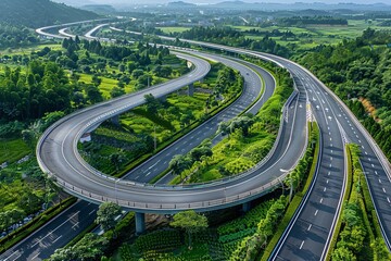 be an aerial view of a road, likely a highway, that features a sharp curve or loop surrounded by greenery