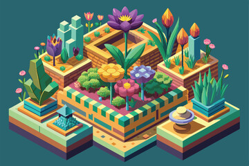 Wall Mural - A colorful isometric illustration of a garden with various flower types and geometric plant structures, Flowers Customizable Isometric Illustration