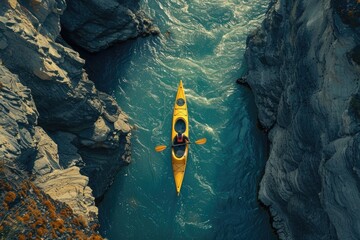 Poster - A person in a yellow kayak paddles through a narrow river, creating ripples on the calm water
