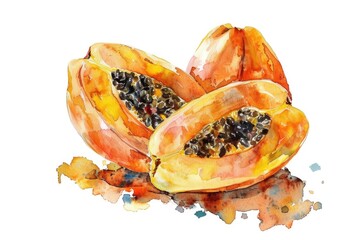 Poster - A watercolor painting of a papaya cut in half, showcasing its juicy interior