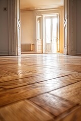 Aufkleber - A close-up shot of a wooden floor with no furniture or decorations, suitable for interior design or minimalist theme projects