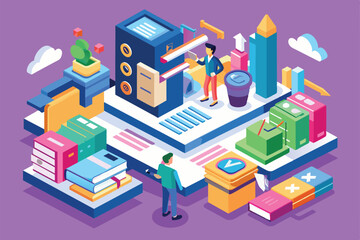 Poster - Isometric illustration of people working with data and grades, showing how customizable this illustration can be, Grades Customizable Isometric Illustration