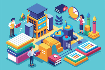 Poster - Isometric illustration of a school building with stacks of books and people studying around it, Grades Customizable Isometric Illustration