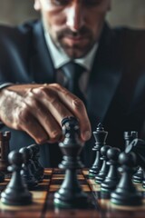 Poster - A person in a suit sitting at a table playing a game of chess
