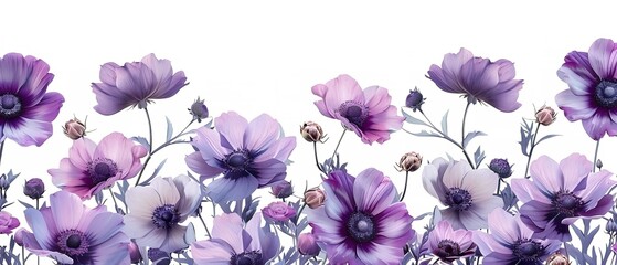 Wall Mural - A whit setting with an array of purple anemone blooms is an artwork depict of a serene color scheme with delicate petals and floral motifs for a signage and space, Generative AI.
