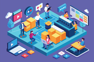 Fototapete - An isometric illustration of a group video conference with customizable elements, Group video Customizable Isometric Illustration