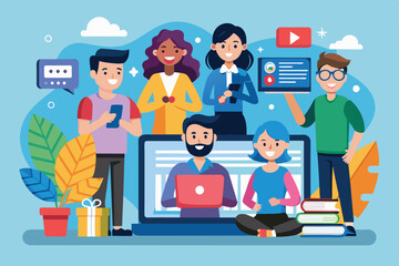Poster - Illustration of diverse group using technology for an online video call, Group video Customizable Flat Illustration