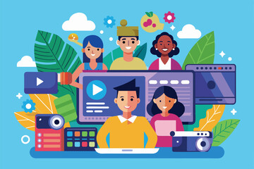 Poster - an illustration of a group of people on a video call, showcasing a customizable semi-flat design, gr