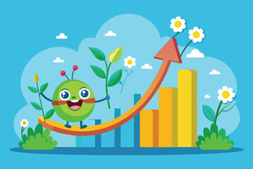 Poster - Cartoon illustration of a happy green character holding a plant walking along an upward arrow growth curve chart, Growth curve Customizable Cartoon Illustration