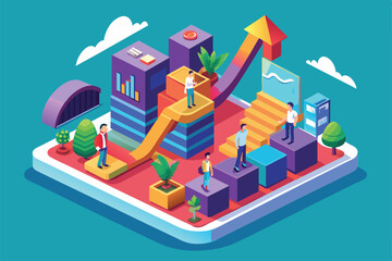 Poster - A colorful isometric illustration of a growth curve with people climbing up, Growth curve Customizable Isometric Illustration
