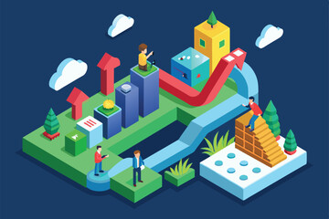 Poster - customizable growth curve with people and arrows showing success, growth curve customizable isometri