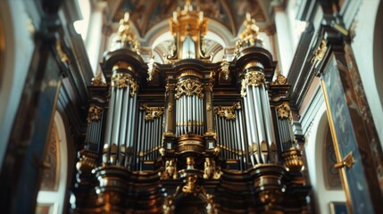 Poster - A large pipe organ sits inside a church, perfect for worship or architecture images