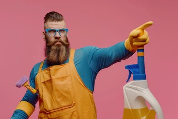 Poster - A person in an orange apron holding a spray bottle and mop for cleaning purposes
