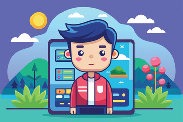 Wall Mural - Cartoon illustration of a smiling boy in front of a customizable home screen, Home screen Customizable Cartoon Illustration