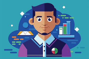 Poster - an illustration of a young man with dark hair and skin against an abstract blue and teal background 