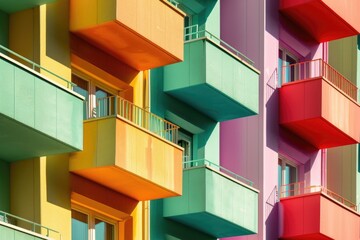 Poster - A vibrant building with colorful balconies, ideal for illustrations of urban architecture or decorative design