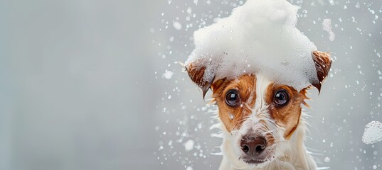 Wall Mural - banner smiling wet cat taking bath with soap bubble foam on head