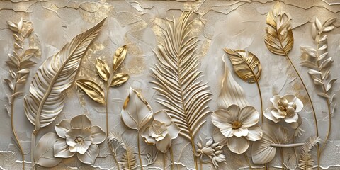 Wall Mural - Gold floral plants and palm leaves Wallpaper Mural, 3d illustration, grey background, abstract tropical leaves, banana leaves with 3d lines. AI generated illustration