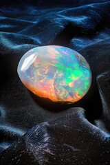Poster - A beautiful white fire opal gemstone sits atop a black cloth, highlighting its vibrant colors