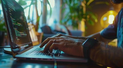 Poster - Close up of freelancers developer hands typing program code on laptop keyboard in coworking Businessman at work in working in office Copywriter writing text on computer keyboard in cof : Generative AI
